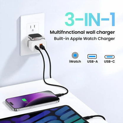3-in-1 Magnetic Wireless Charging Station with 20W Fast Charger for Apple Watch Ultra/Series 9/8/7/6 and iPhone 17/17 Pro/16/16 Pro/15 Series, Includes USB-C Wall Charger Block