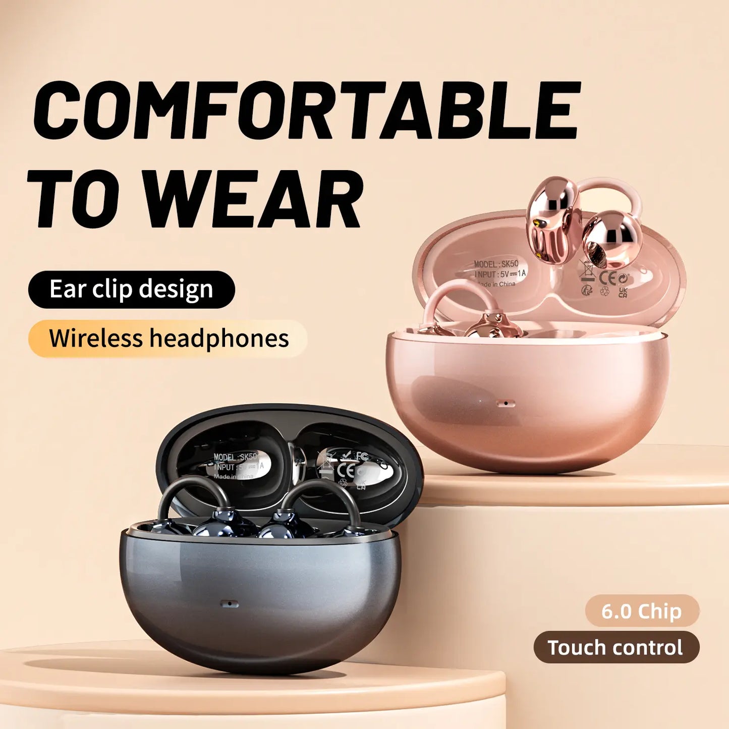 INSONIXN Wireless Bluetooth 6.0 Open Ear Clip Headphones with Built-In Microphone, Comfortable Design, High Fidelity Sound, 36 Hours Playback Time, Ideal for Sports and Fitness