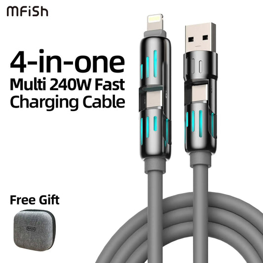 Mfish 240W Multi-Port Fast Charger with USB-A, Type-C, and Lightning Connectors for iPhone 17, Samsung Smartphones, and Laptops (Liquid Silicone)