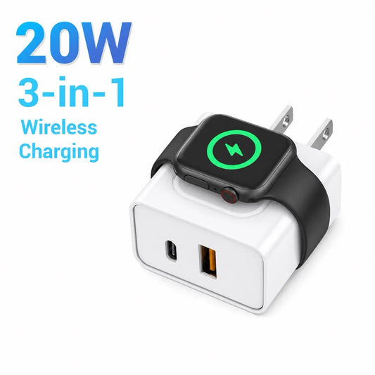 3-in-1 Magnetic Wireless Charging Station with 20W Fast Charger for Apple Watch Ultra/Series 9/8/7/6 and iPhone 17/17 Pro/16/16 Pro/15 Series, Includes USB-C Wall Charger Block