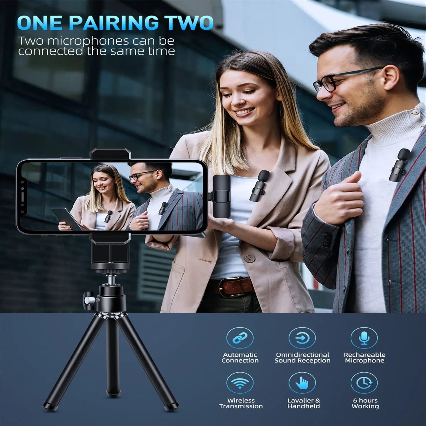 Wireless Lavalier Microphone Set for iPhone, Android, and iPad - Mini Clip-On Microphones with Superior Sound Quality for Recording, Live Streaming, and Vlogging