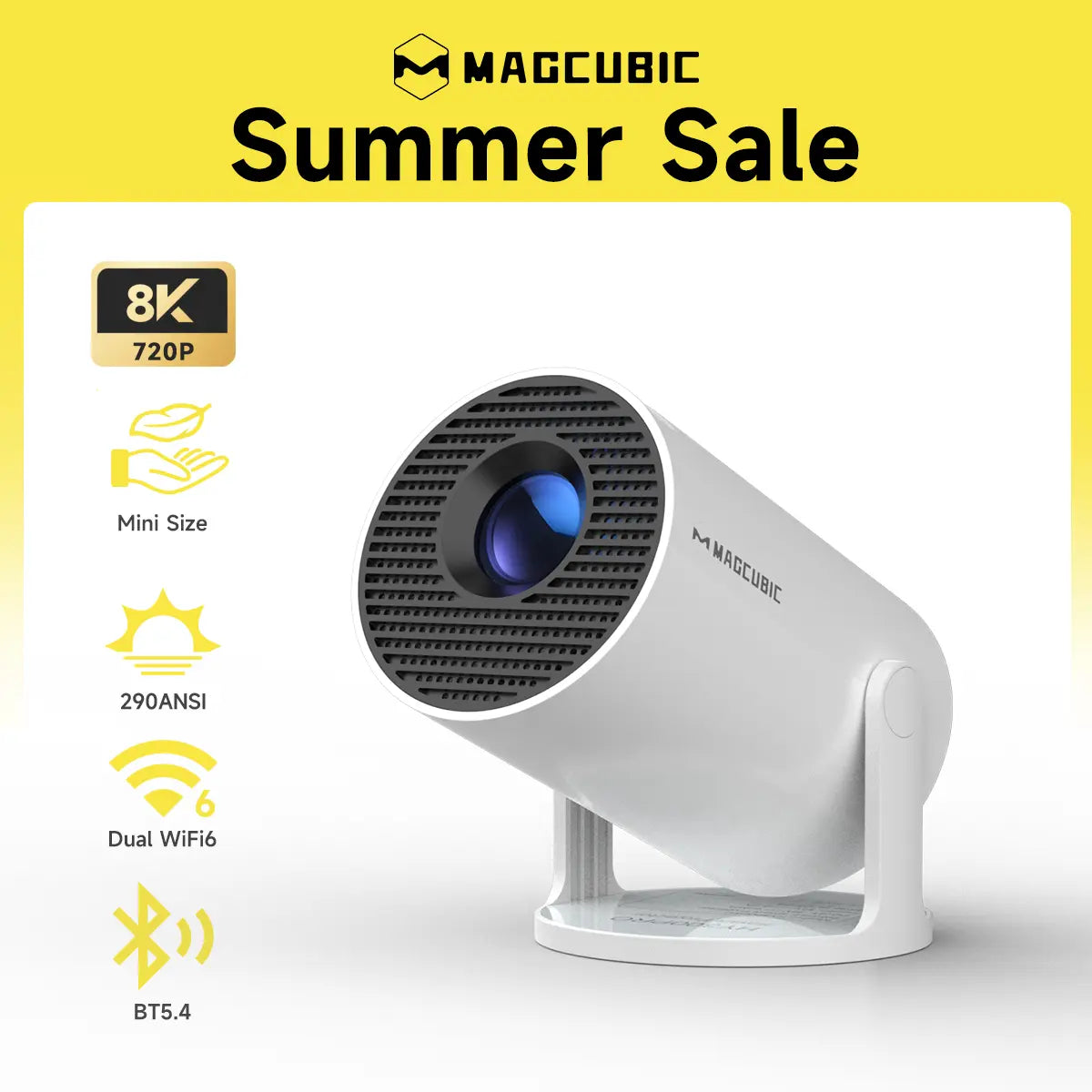 Magcubic HY300Pro Mini Projector - 290 ANSI Lumens, Android 14, Dual WiFi 6, 8K/4K Decoding, Auto Keystone Correction, Wireless BT 5.4, 130" Screen, 1280x720P, Built-In Speaker, Ideal for Outdoor and Bedroom Use