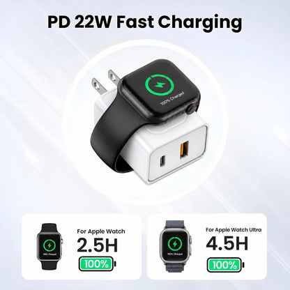 3-in-1 Magnetic Wireless Charging Station with 20W Fast Charger for Apple Watch Ultra/Series 9/8/7/6 and iPhone 17/17 Pro/16/16 Pro/15 Series, Includes USB-C Wall Charger Block